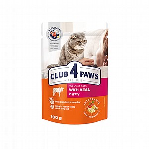 CLUB 4 PAWS פאוץ` לחתול בשר עגל ברוטב 100 גרם CLUB 4 PAWS פאוץ` לחתול בשר עגל ברוטב 100 גרם